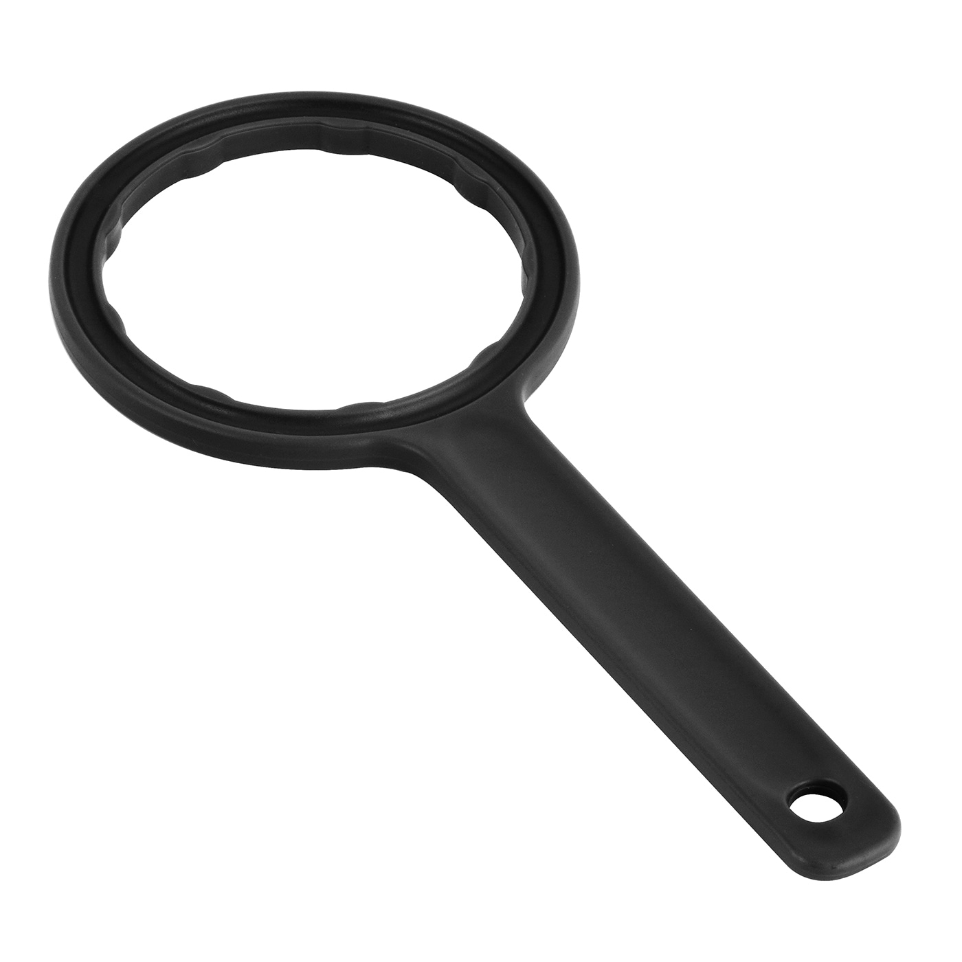 Black plastic lid opener with handle and hole at the end.