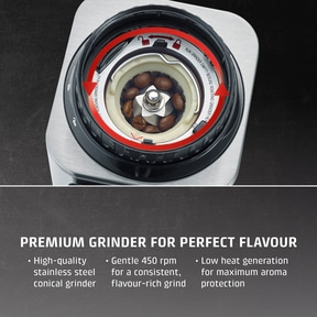 Coffee grinder with coffee beans and grinding mechanism details