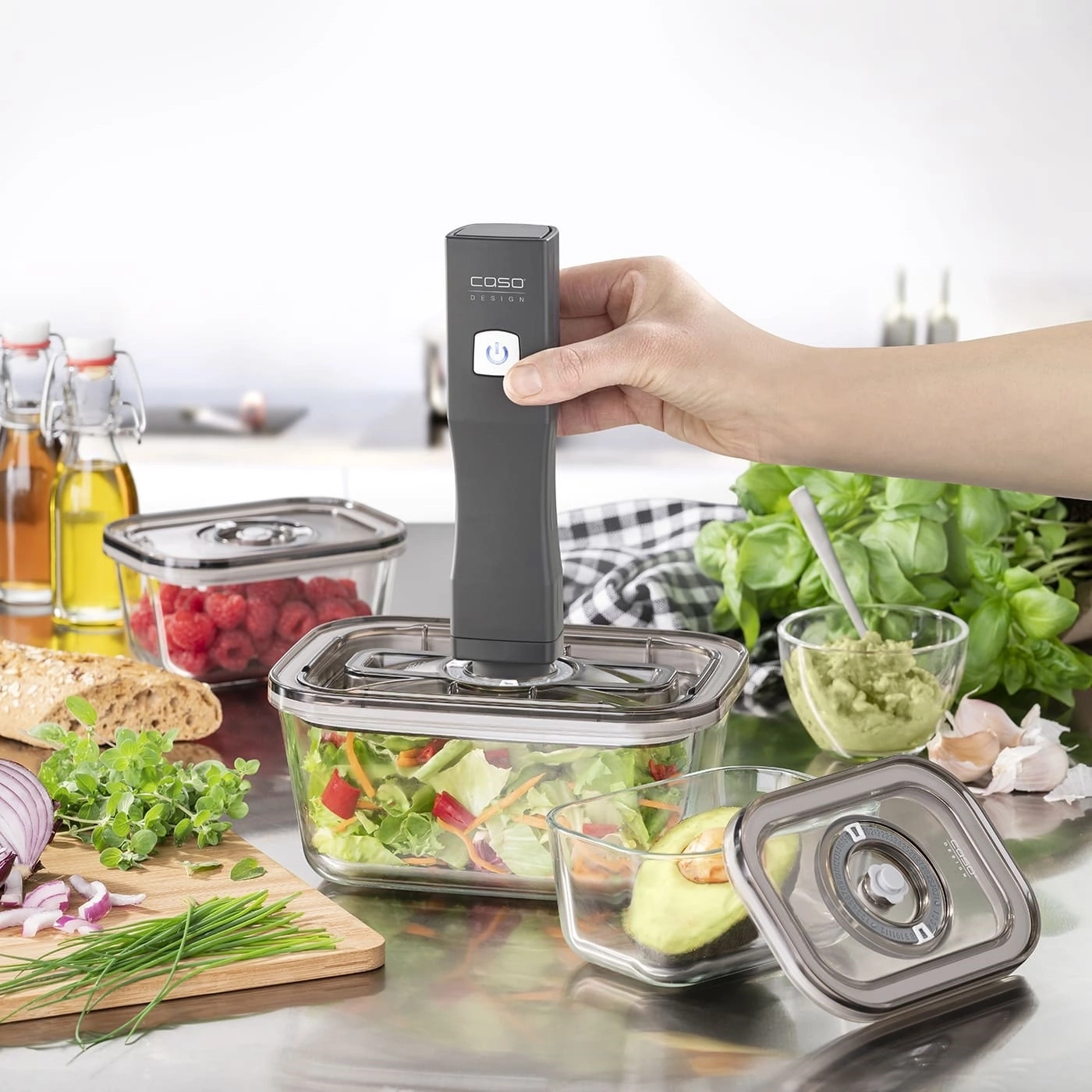 Vakuumiergerät mit Behältern, Gemüse, Obst, Küche, Lebensmittel, frisch, gesund