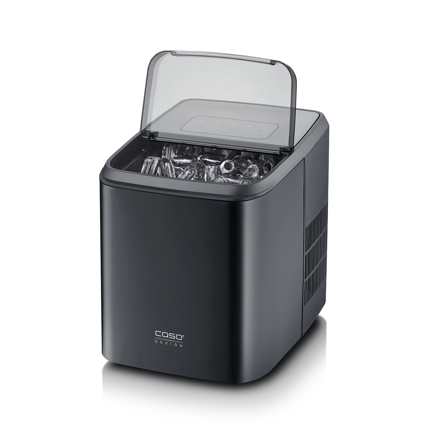 Black ice maker with open lid filled with ice cubes.