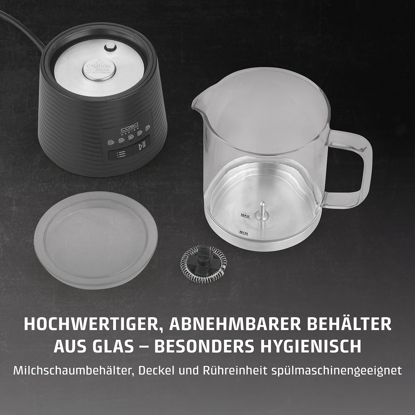Milchaufschäumer mit Glasbehälter, Deckel und Rühreinheit. Hygienisch und spülmaschinengeeignet.