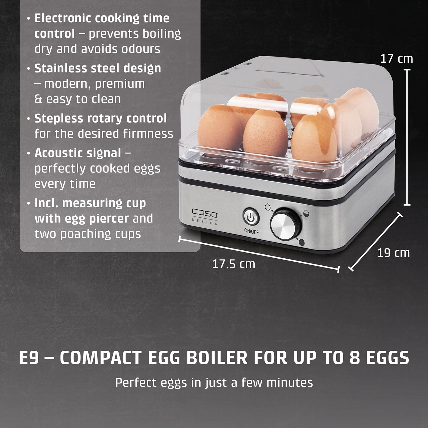 An egg cooker for up to 8 eggs with stainless steel design and measuring cup.