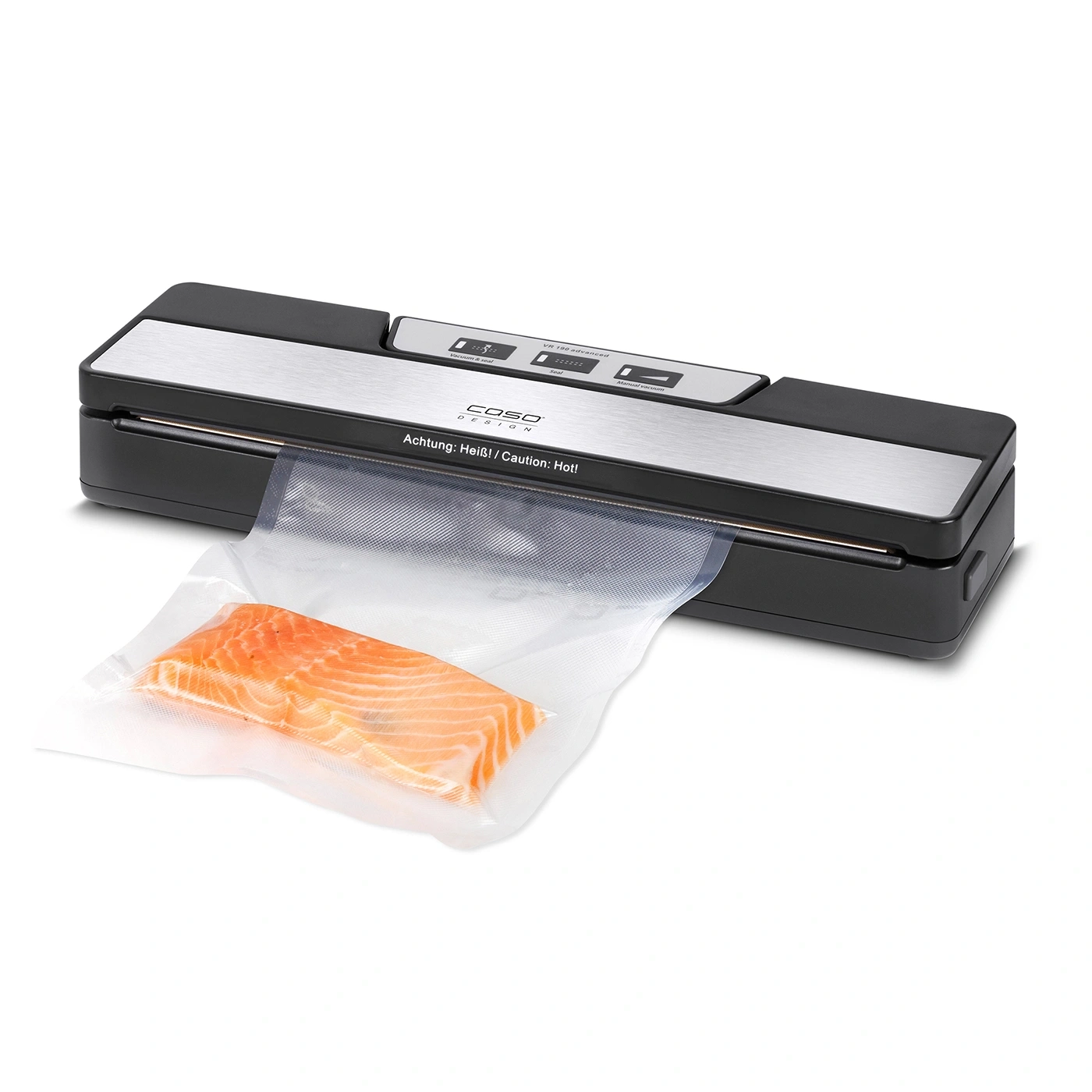 Vakuumiergerät mit Lachs in einer Tüte. Achtung: Heiß! Design von Caso.