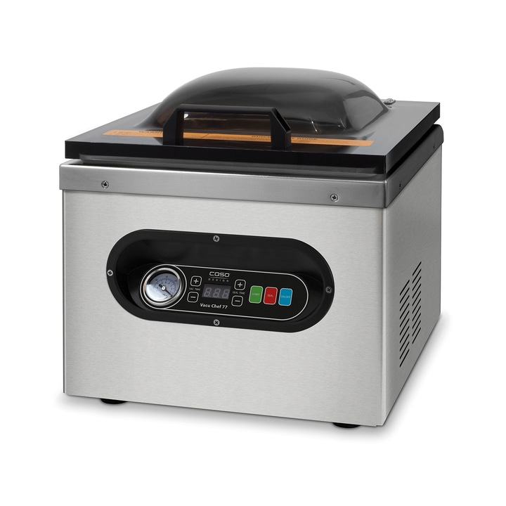 Caso Vacu Chef 77 vacuum sealer, stainless steel, control panel, vacuum time, seal time, start, seal, on/off