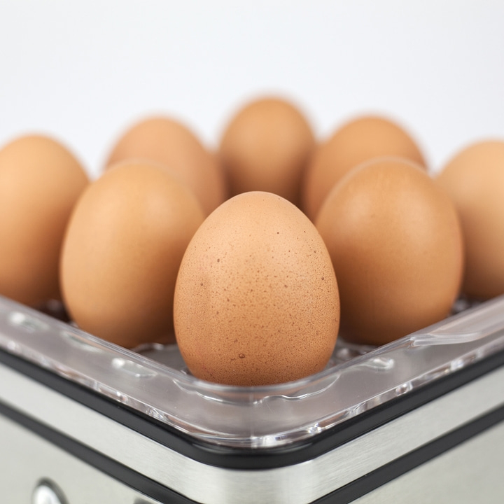 Close-up of eggs in an egg cooker, ready to be cooked for breakfast.