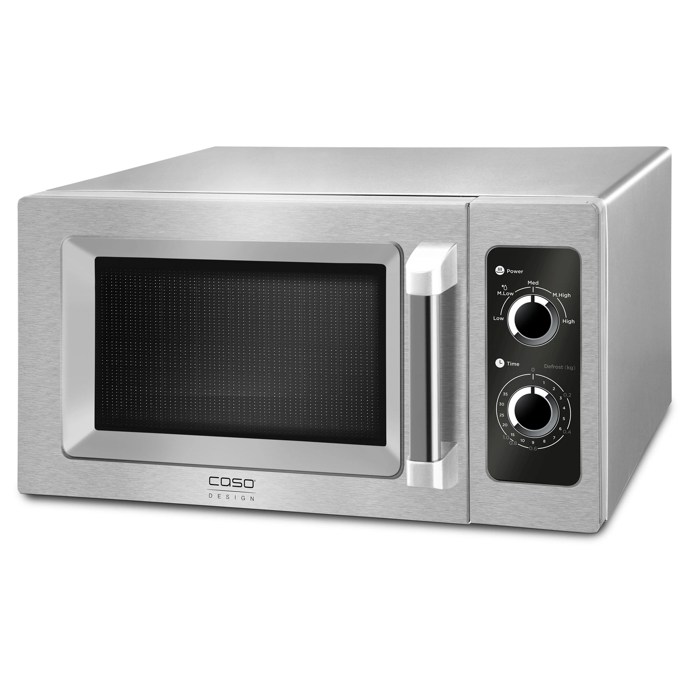 Stainless steel microwave with control panel and handle, COSO Design.