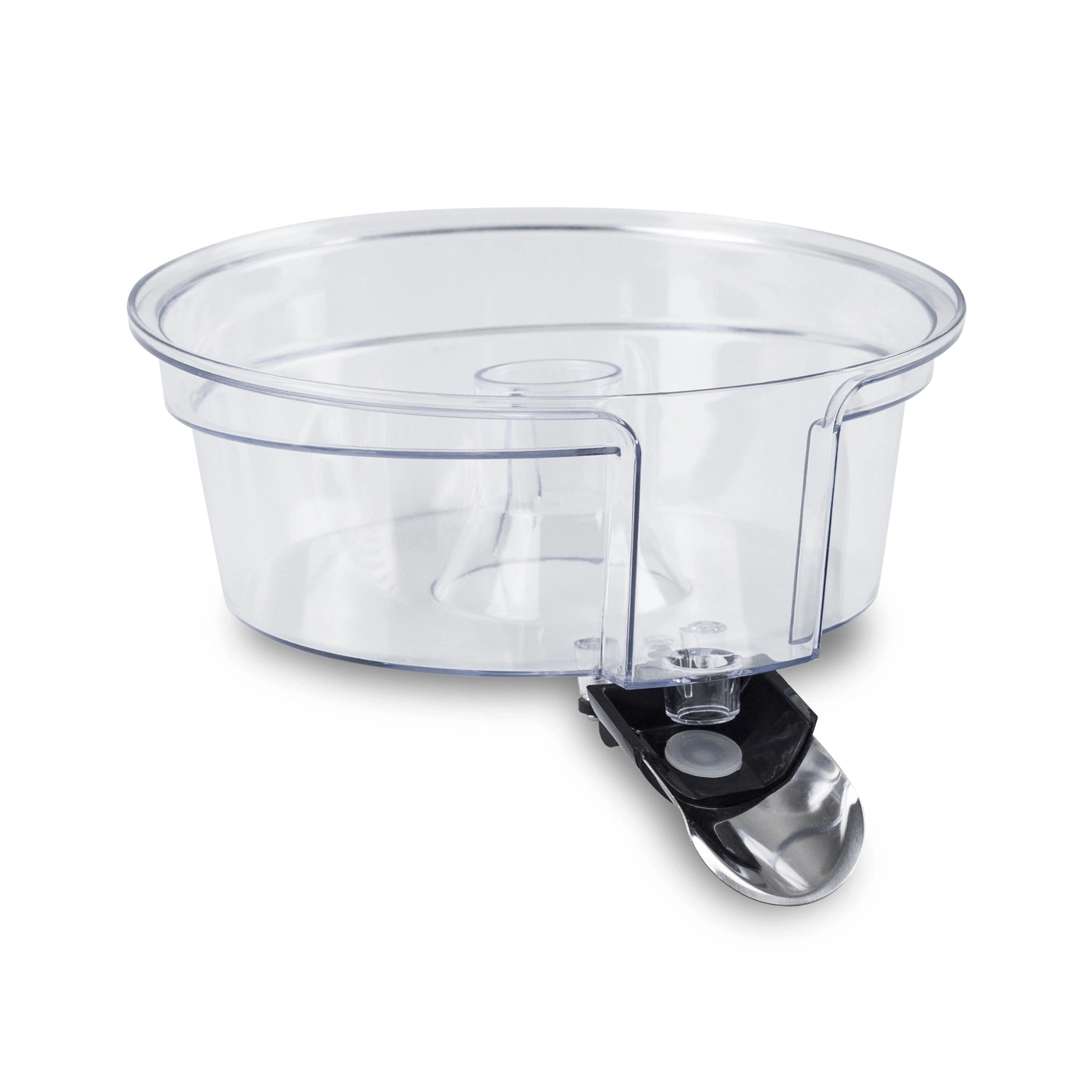 Transparenter Behälter mit Löffel. Küchenutensil für die Zubereitung von Speisen.