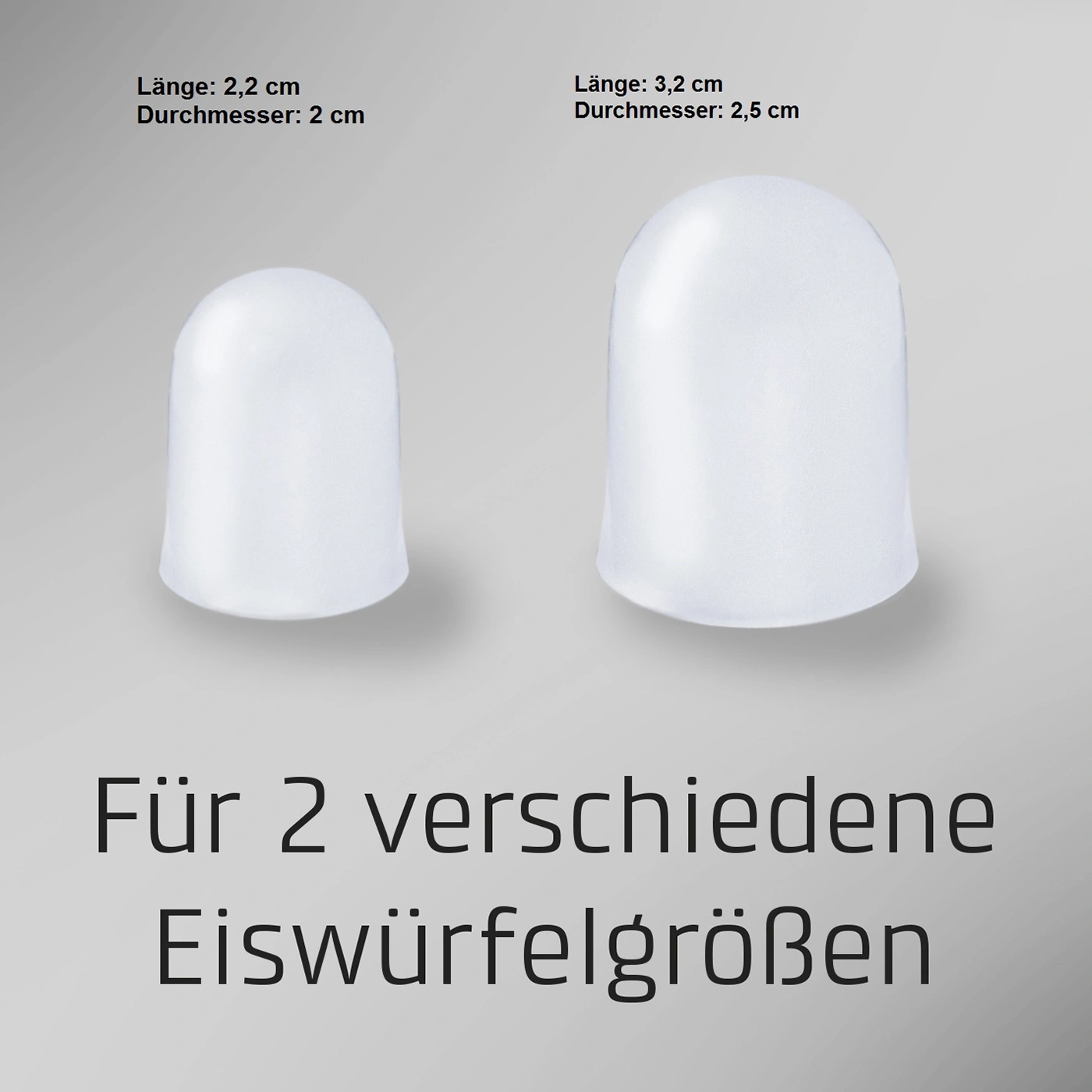 Zwei weiße Eiswürfelformen mit Größenangaben und dem Text 'Für 2 verschiedene Eiswürfelgrößen'.