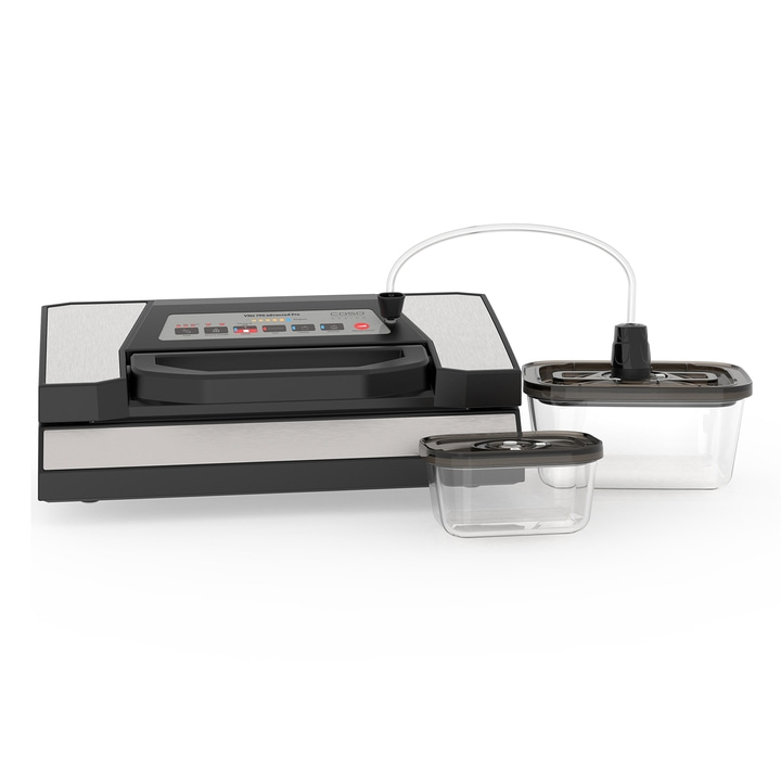 Vacuum sealer with containers and hose for food preservation and storage.