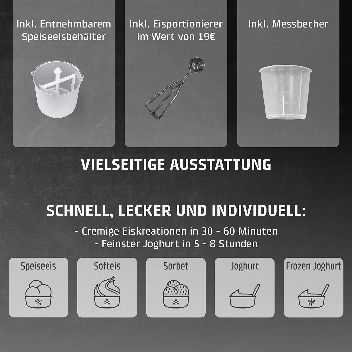 Eiscreme-Maschine mit Zubehör: Behälter, Portionierer, Messbecher, Eis, Joghurt.