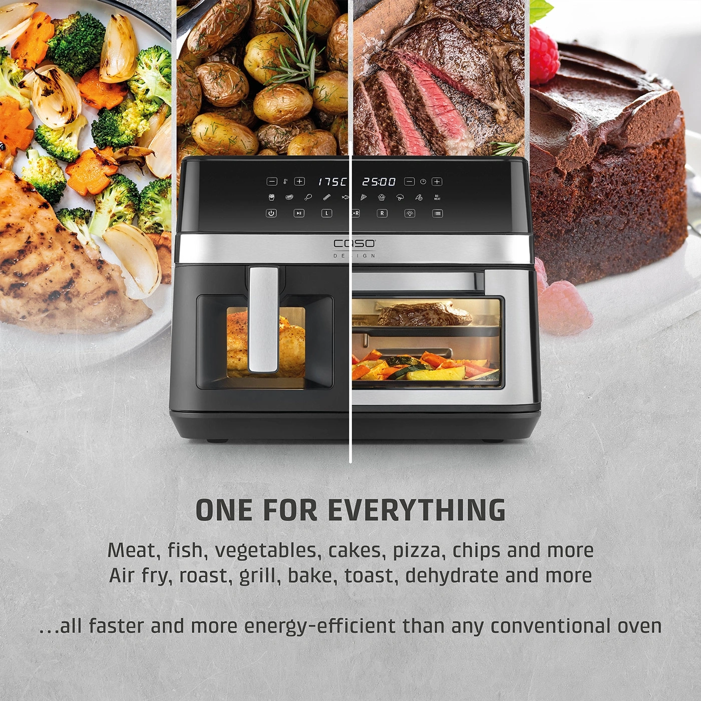 Air fryer with food: meat, vegetables, cake, pizza. Faster and more energy efficient.