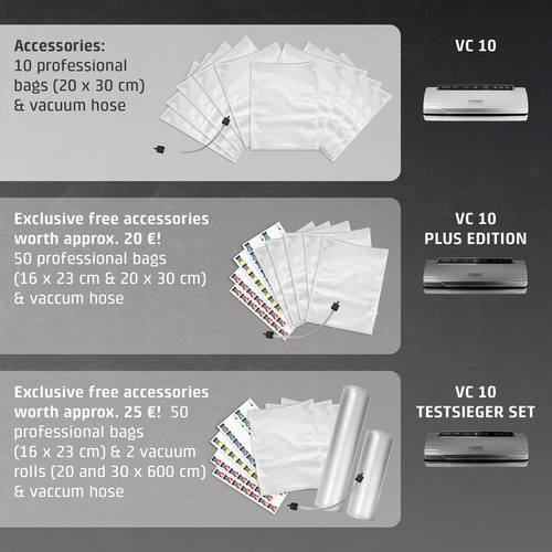 Vacuum sealer accessory sets: VC 10, Plus Edition, Testsieger Set with bags and tubes