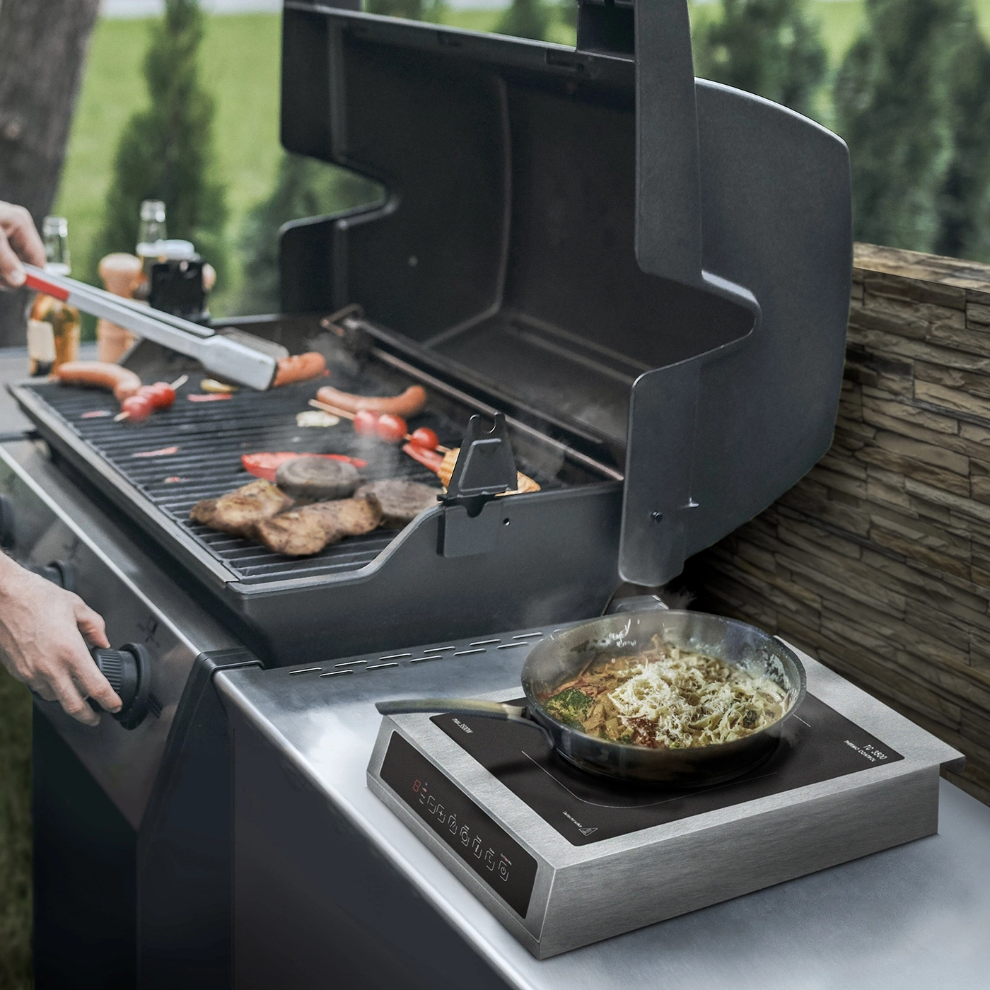 Grill with food, hot plate, person, outdoors, summer, cooking, grilling, food, meat, vegetables