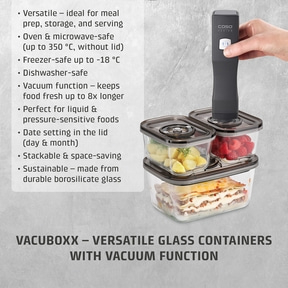 VACUBOXX glass containers with vacuum function, ideal for meal prep and storage.