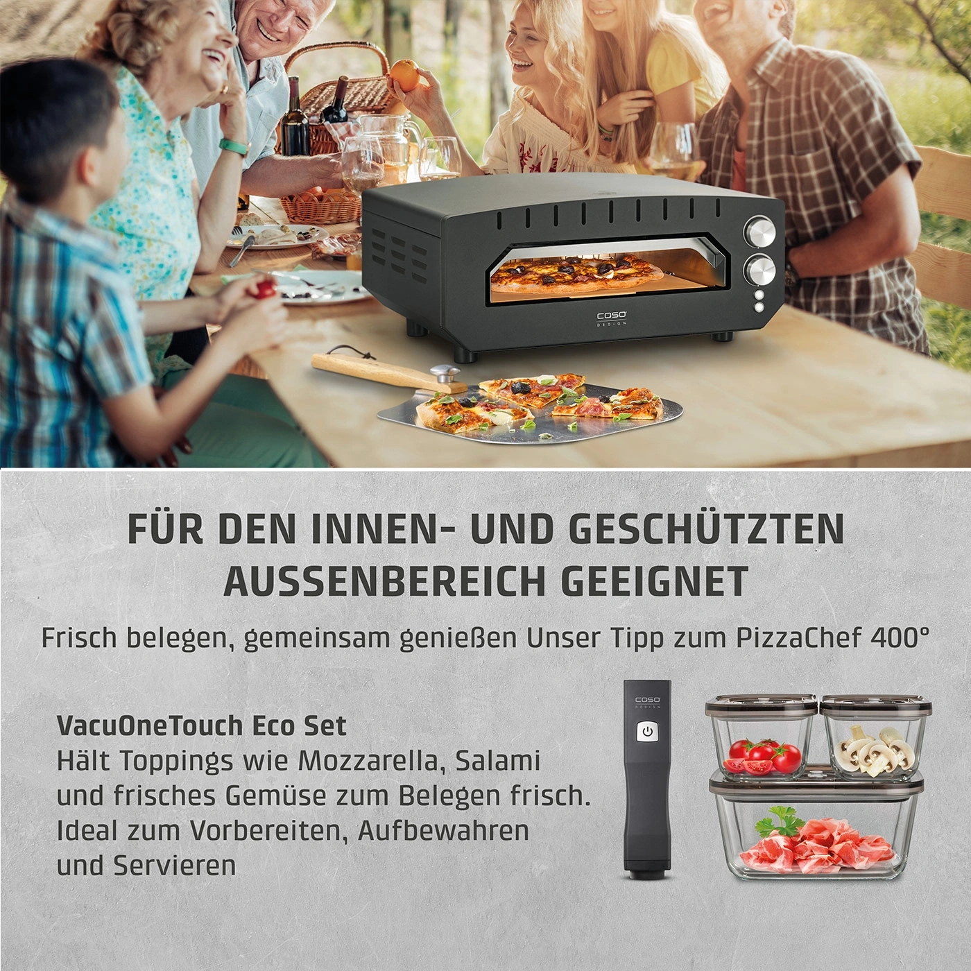 Familie genießt Pizza aus einem Pizzaofen im Freien, daneben ein Vakuumiergerät und Vorratsbehälter.