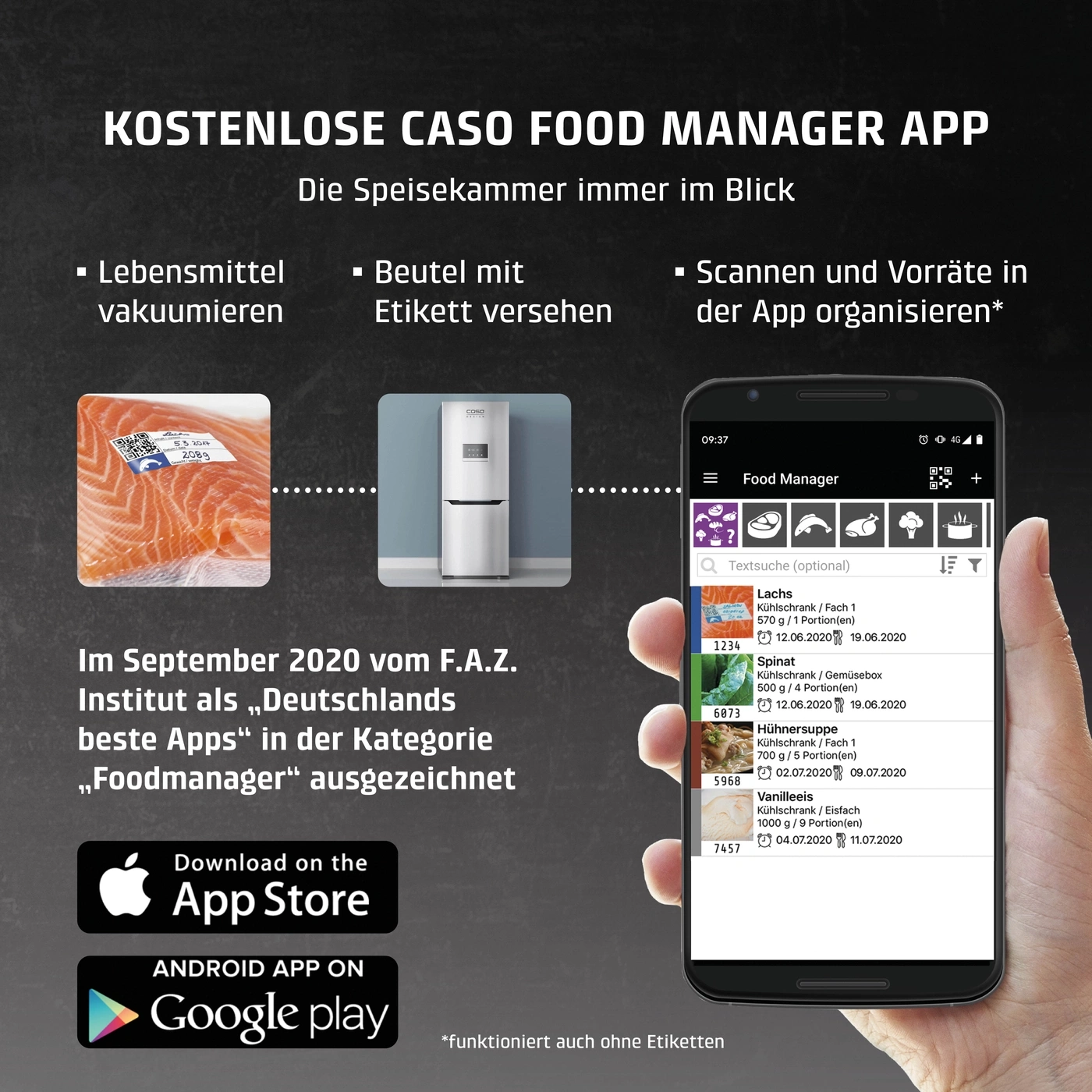 Kostenlose Caso Food Manager App: Lebensmittel vakuumieren, scannen und organisieren.