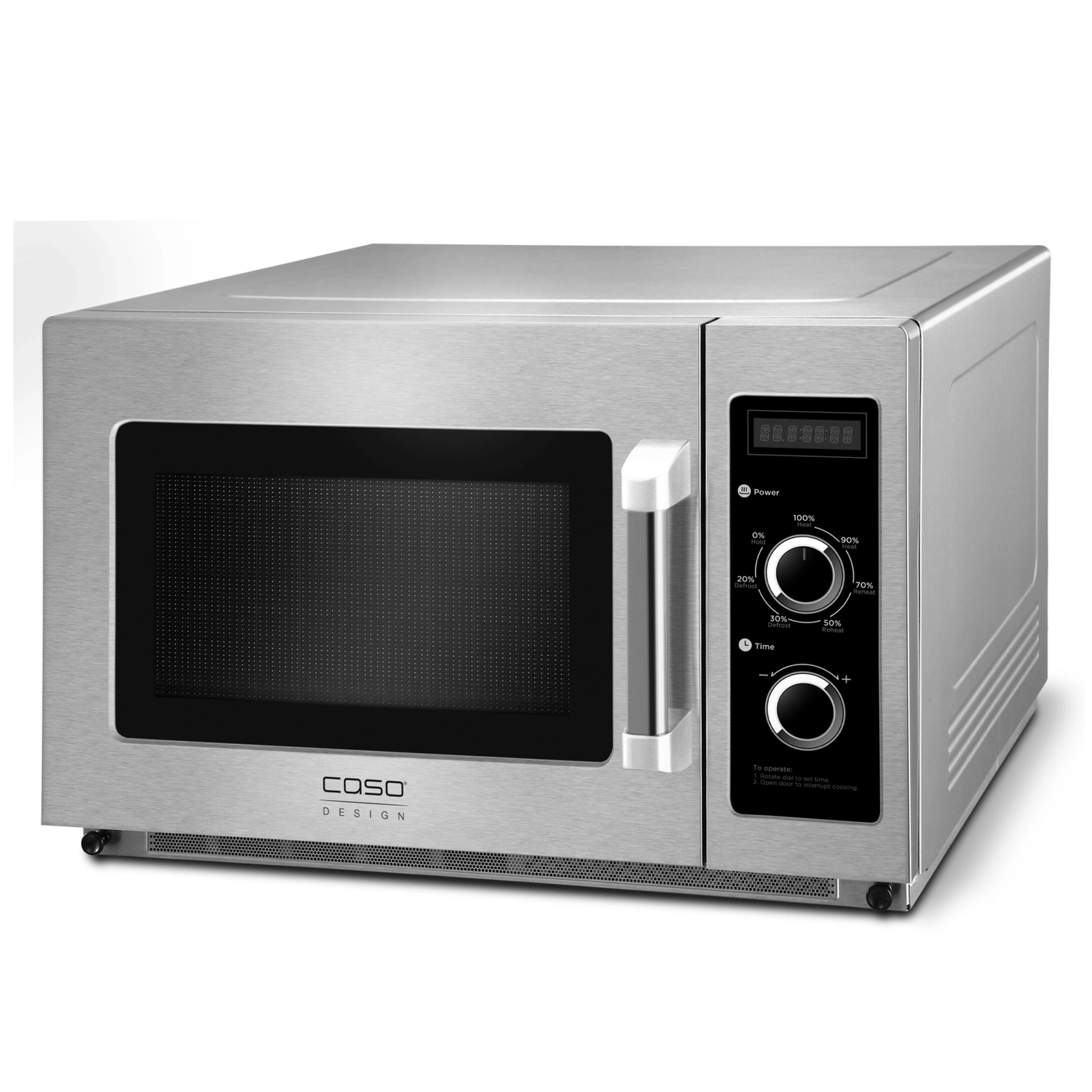 Stainless steel microwave with control panel and dials for power and time settings.