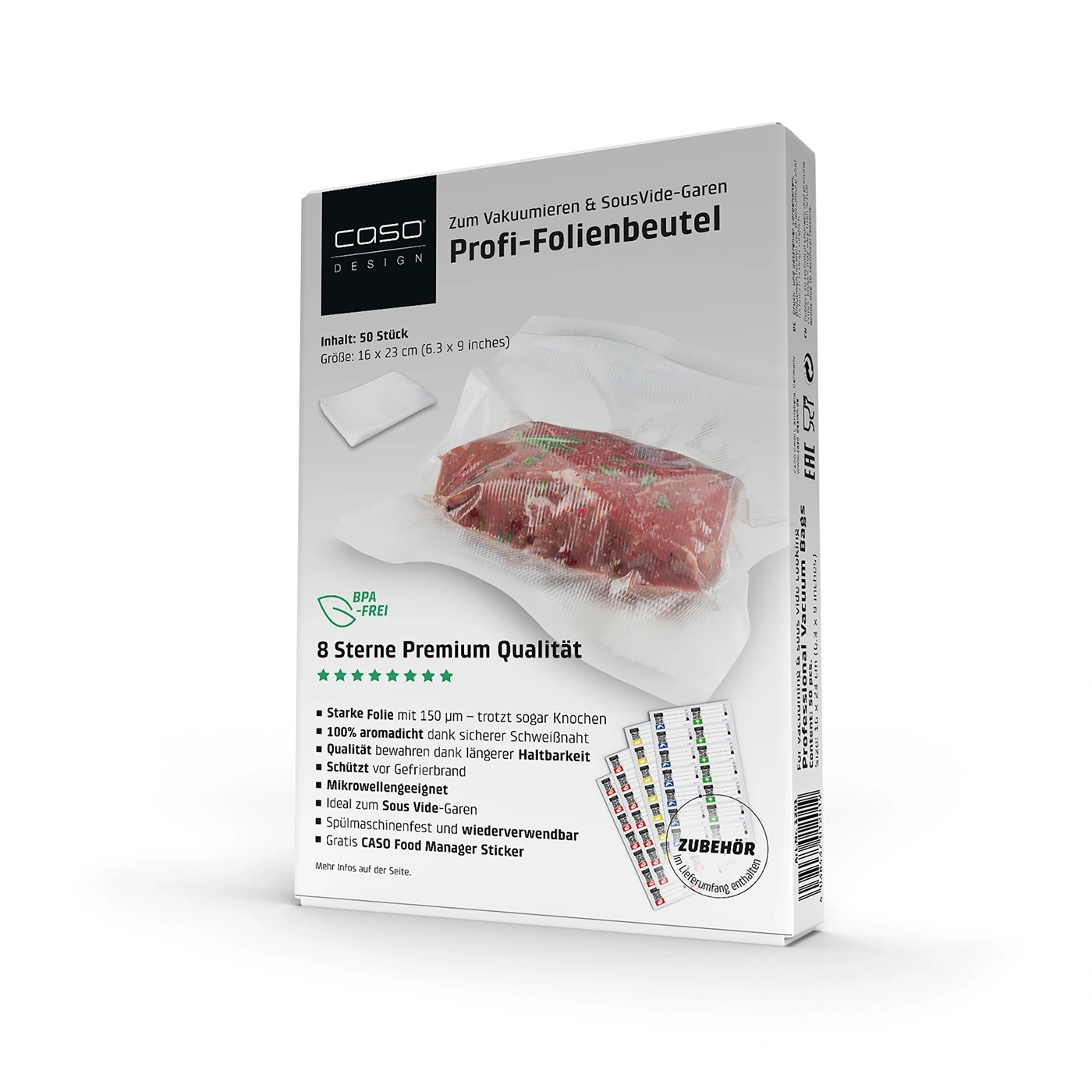 8-Sterne Profi-Folienbeutel 16x23 cm, 50 Stück, 150 μm zum Vakuumieren + Sous Vide Garen