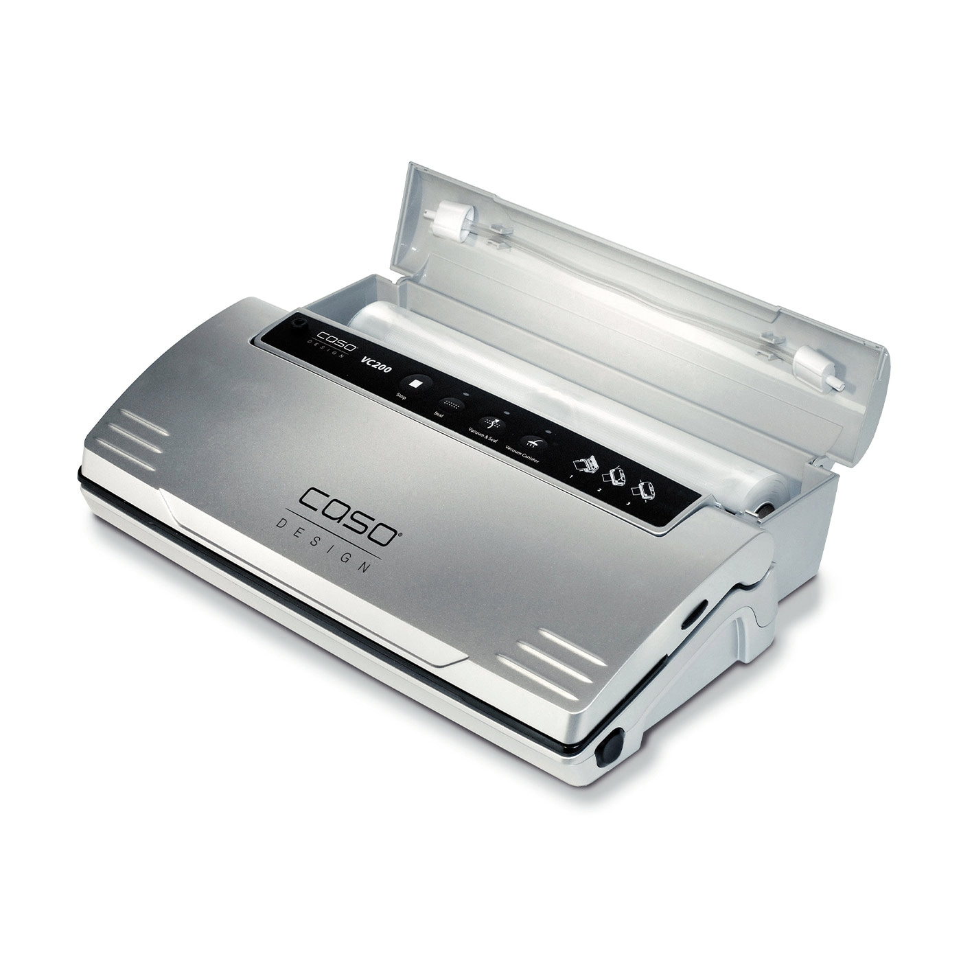 Silver vacuum sealer with open lid and control panel, Caso Design VC200.