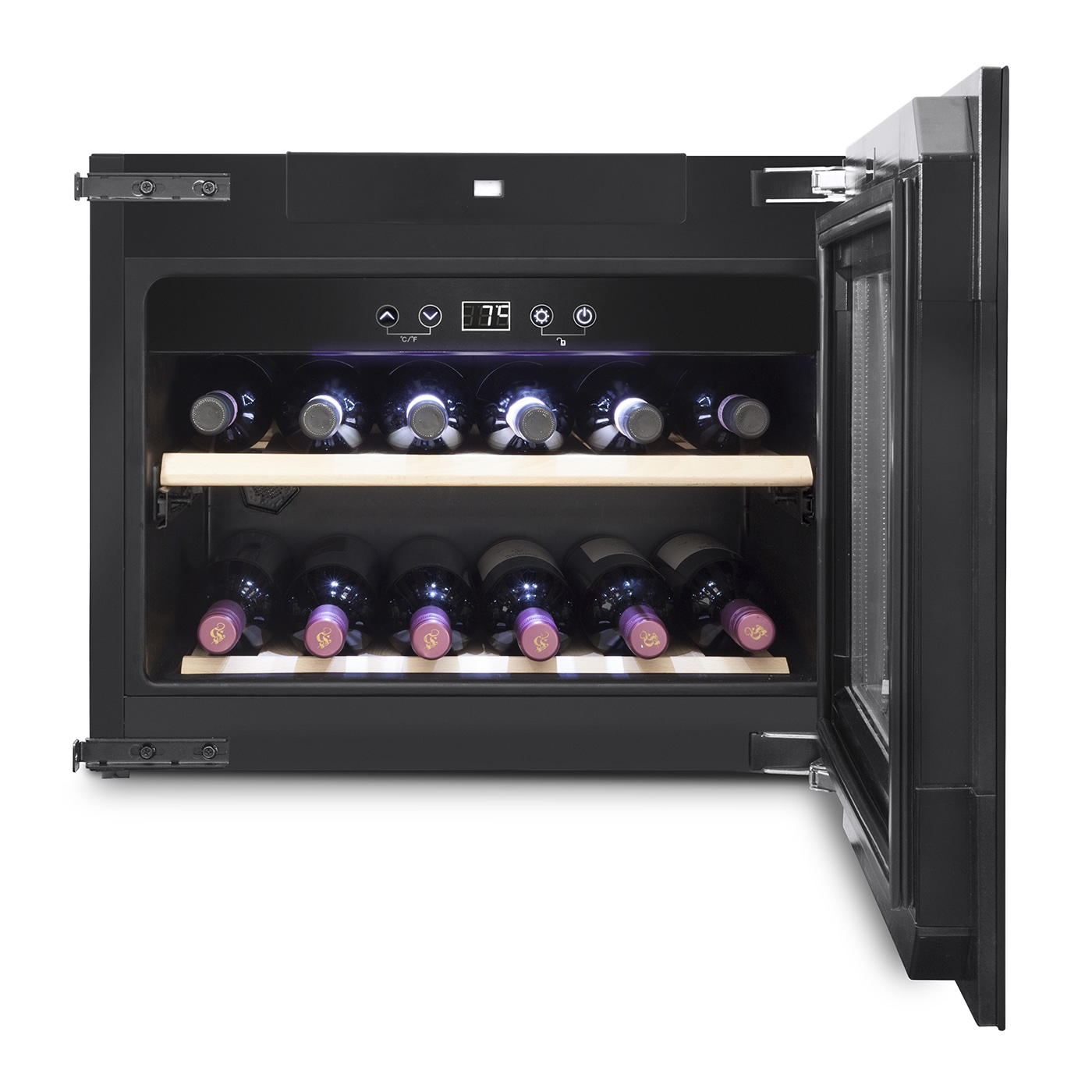 Wine cooler with open door, filled with wine bottles, temperature display
