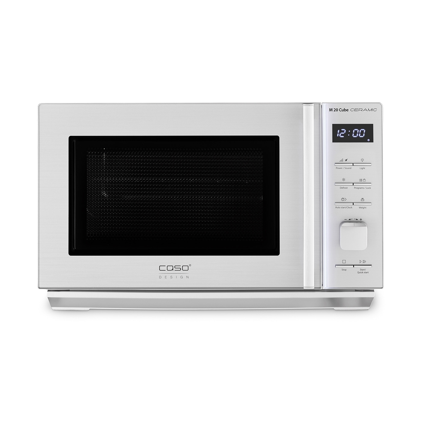 Silver Caso M 20 Cube Ceramic microwave with control panel and display.