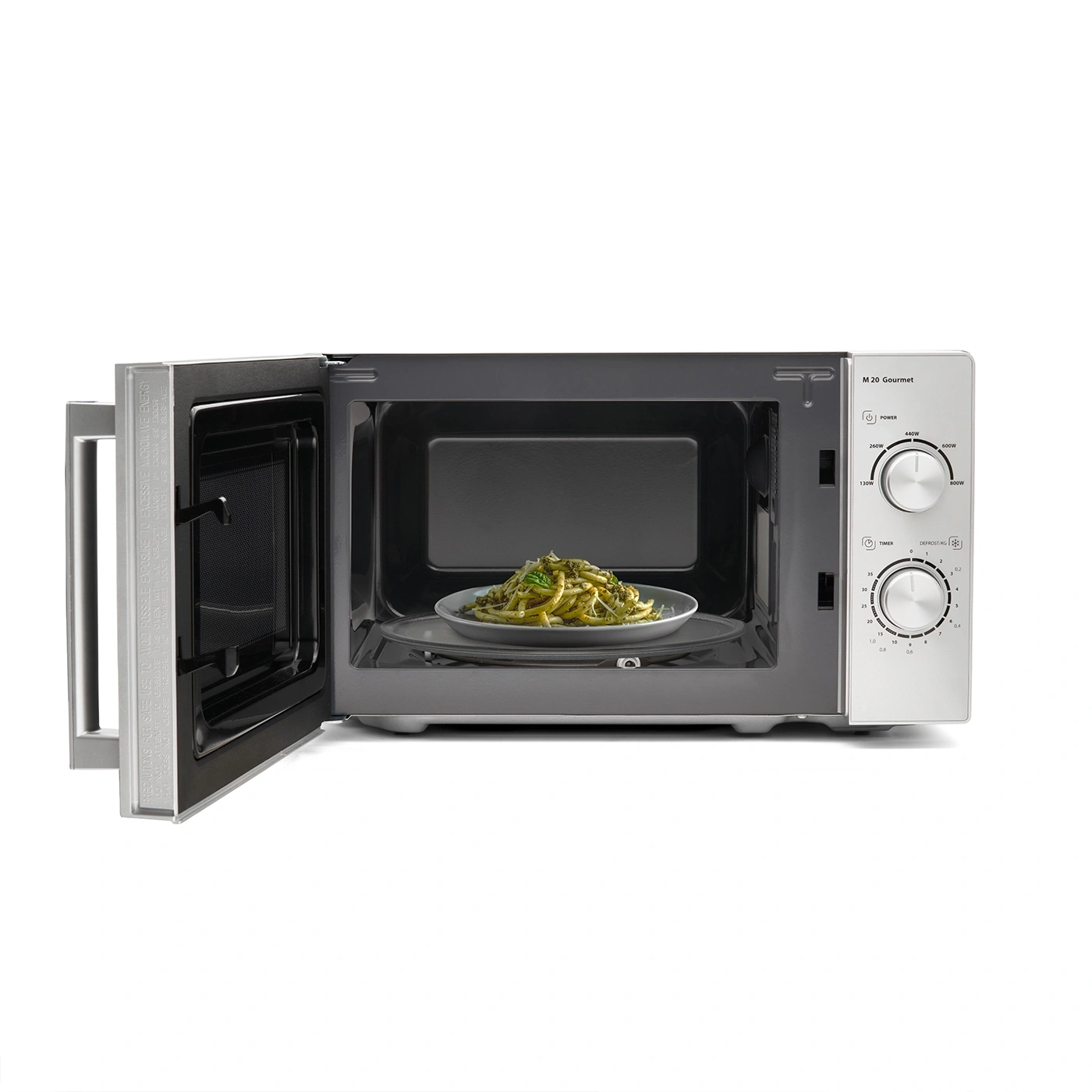Microwave with pasta inside, door open, control panel visible, M 20 Gourmet model.