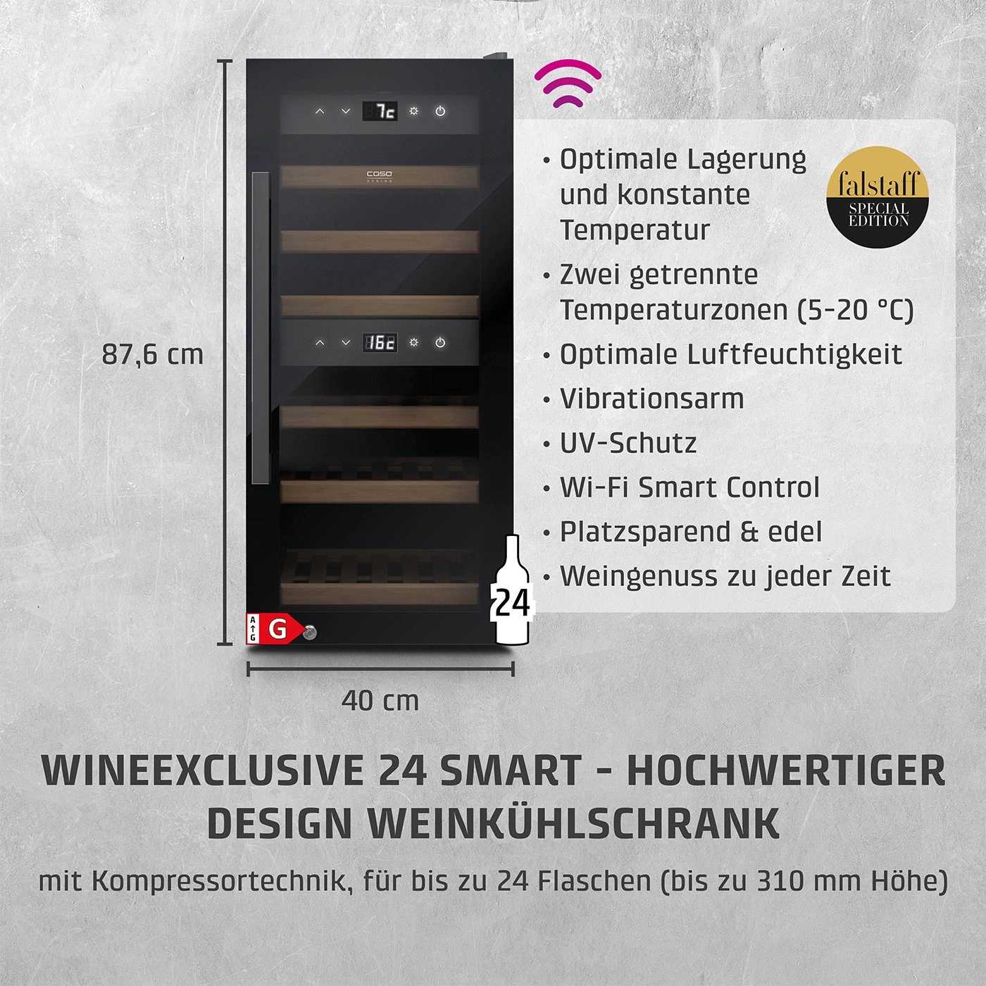 Weinkühlschrank mit 24 Flaschen, 87,6 cm hoch, 40 cm breit, Wi-Fi Smart Control