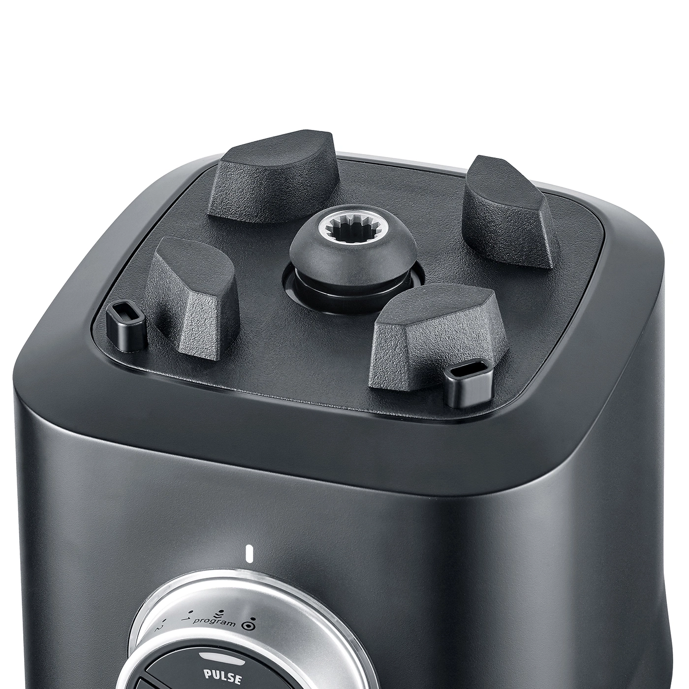 Black blender with buttons and controls for various functions, close-up shot.