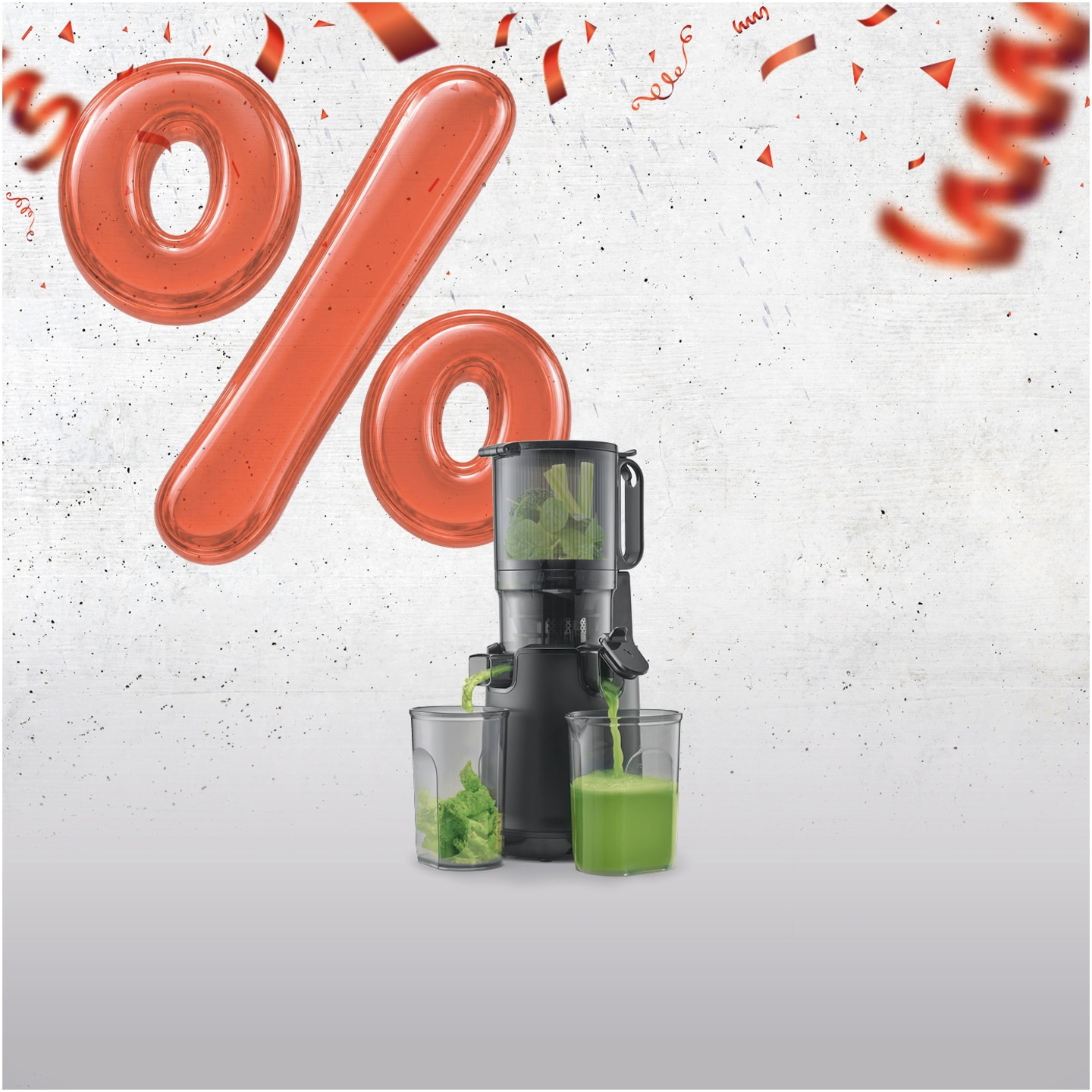 A juicer makes juice with a percent sign and confetti.