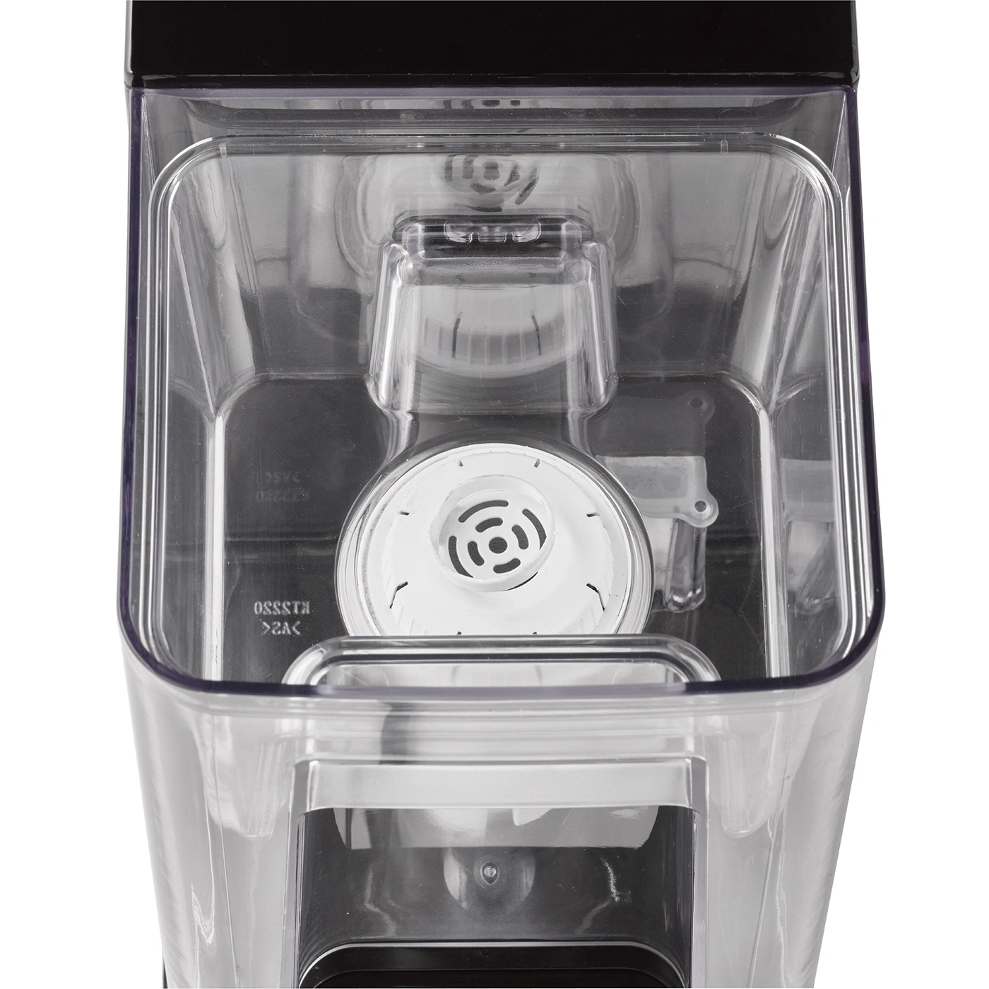 Close-up of a transparent container with white filter and black lid