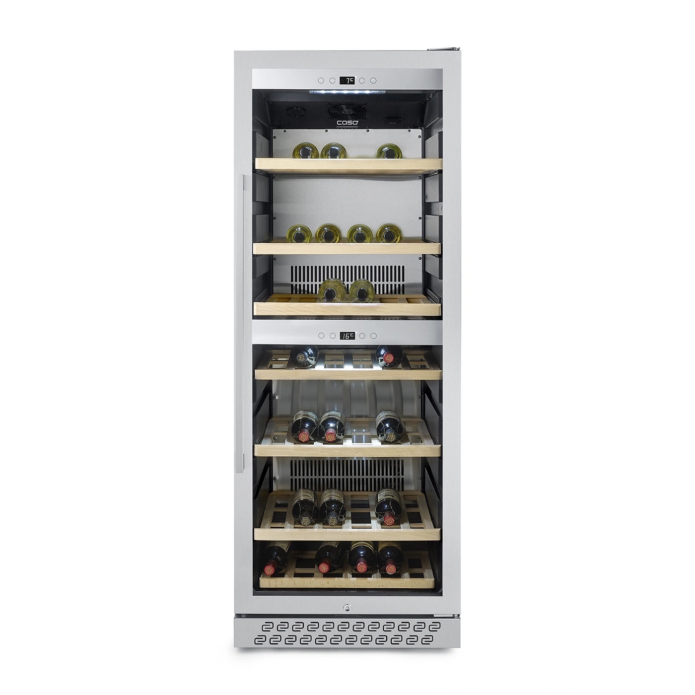 Ein silberner Weinkühlschrank mit Holzböden und Weinflaschen.