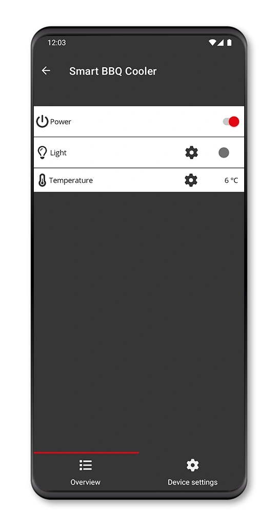 Ein Smartphone zeigt die Benutzeroberfläche einer Smart BBQ Cooler App mit Einstellungen für Strom, Licht und Temperatur.