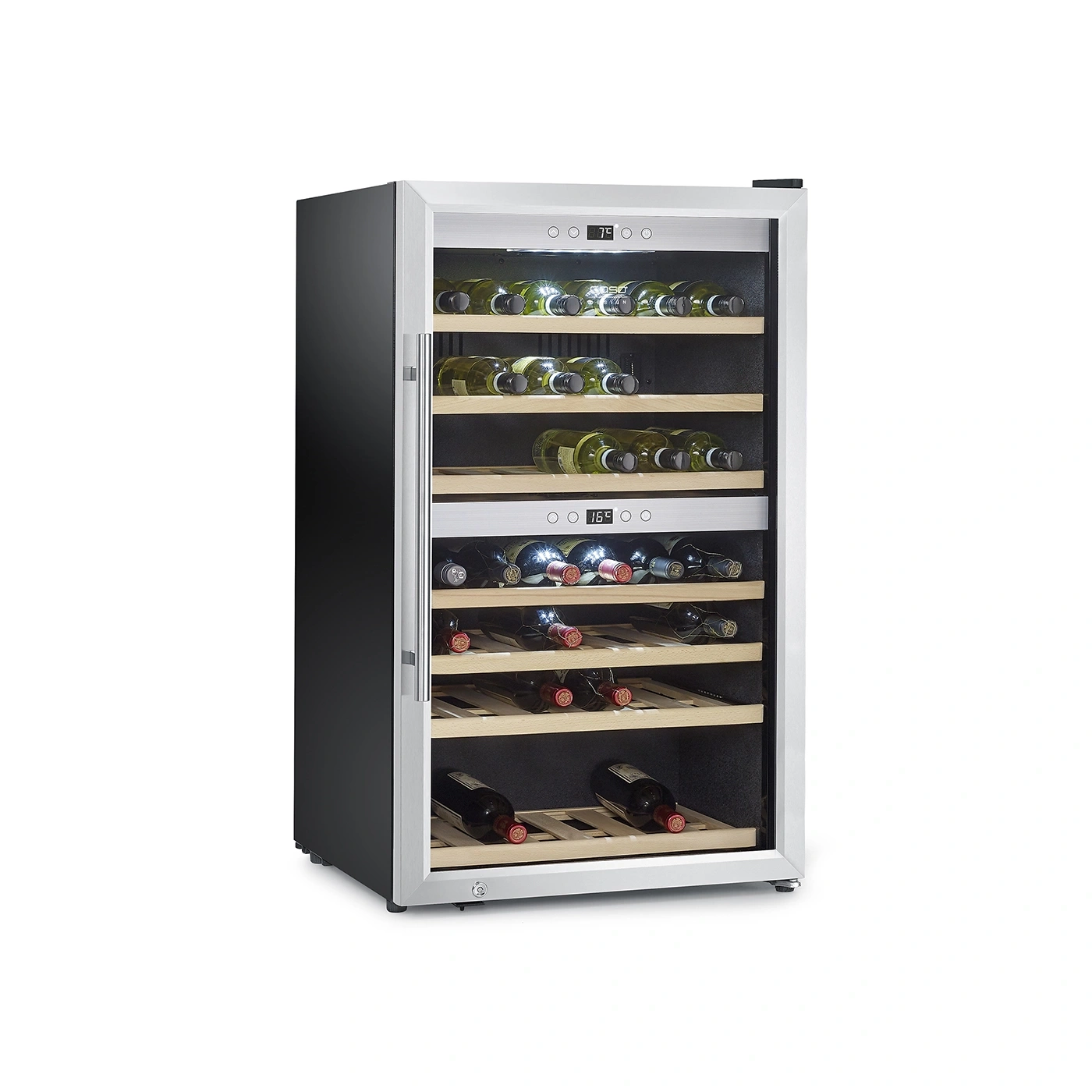 A modern wine cooler with wooden shelves and a glass door.