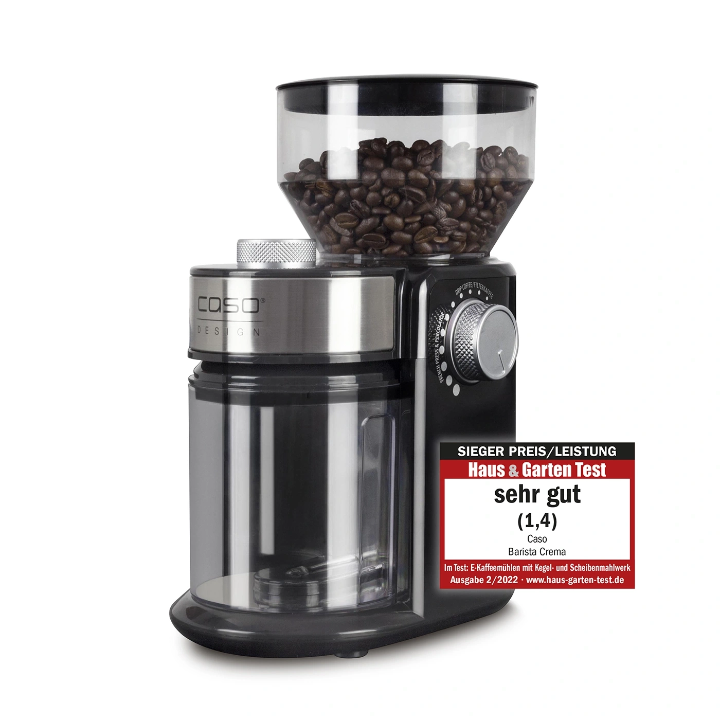 Coffee grinder with 'very good' rating from Haus & Garten Test, Caso Barista Crema