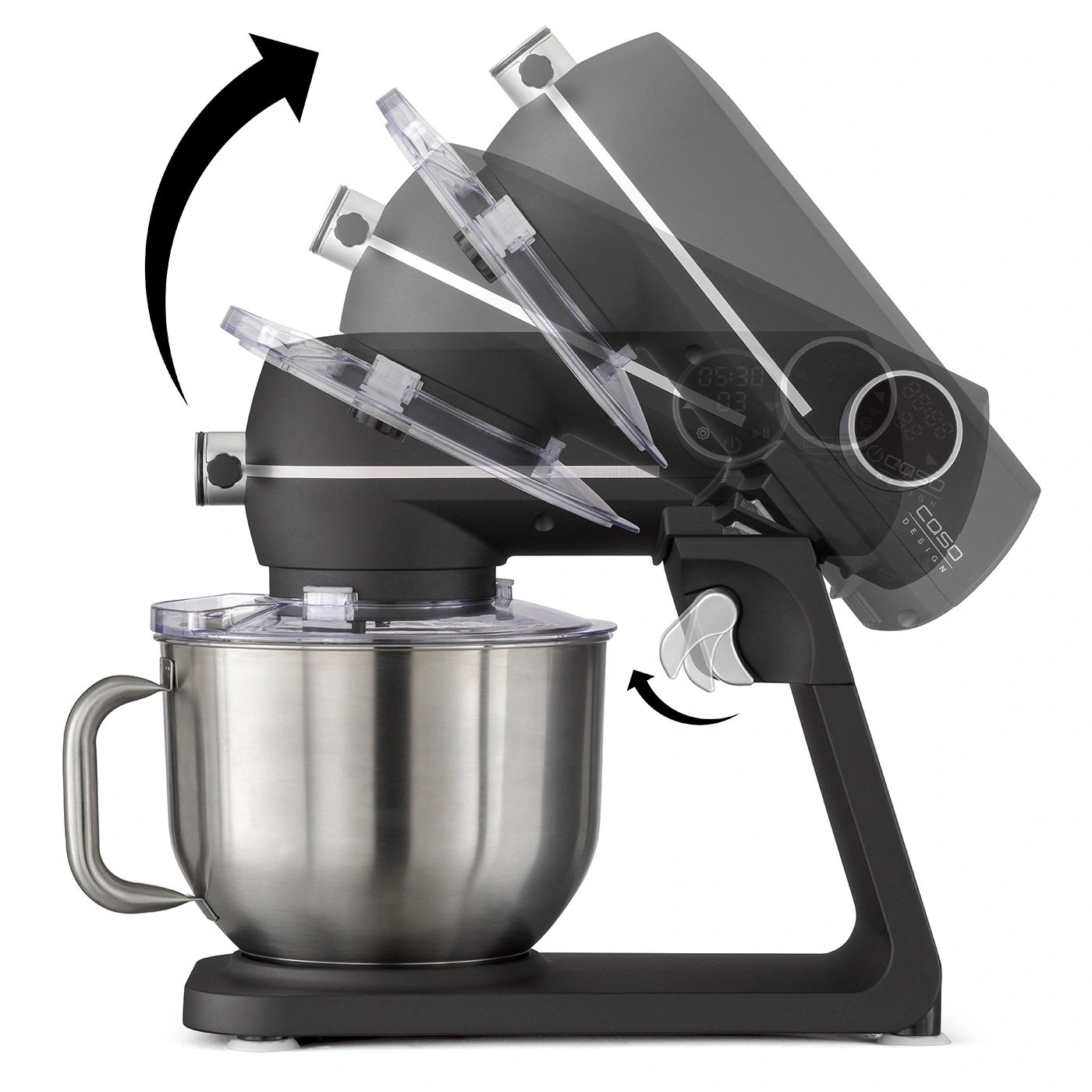 Küchenmaschine mit Edelstahl-Schüssel und transparentem Deckel, schwarz.