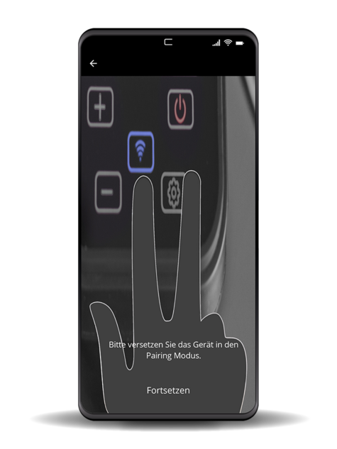 Smartphone-Bildschirm mit Handgeste, Text und Schaltflächen.