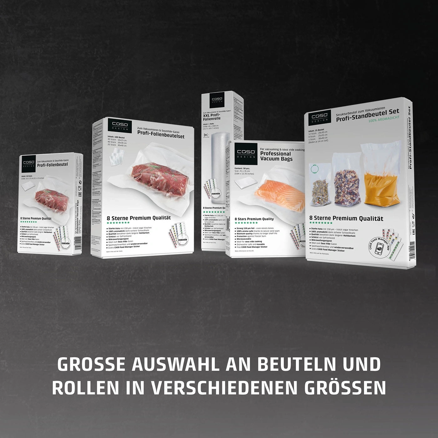 Eine Auswahl an Vakuumbeutel-Sets und Rollen in verschiedenen Größen