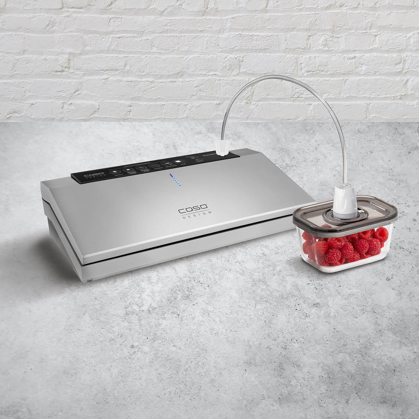 Vacuum sealer with container and raspberries on gray surface and white wall