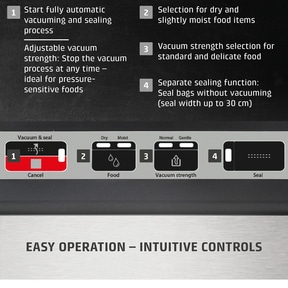 Vacuum sealer with features: vacuum, dry/moist, strength, seal, easy operation.