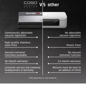 Caso Design vacuum sealer comparison: Even vacuum, stainless steel front, 36 months warranty vs. others.