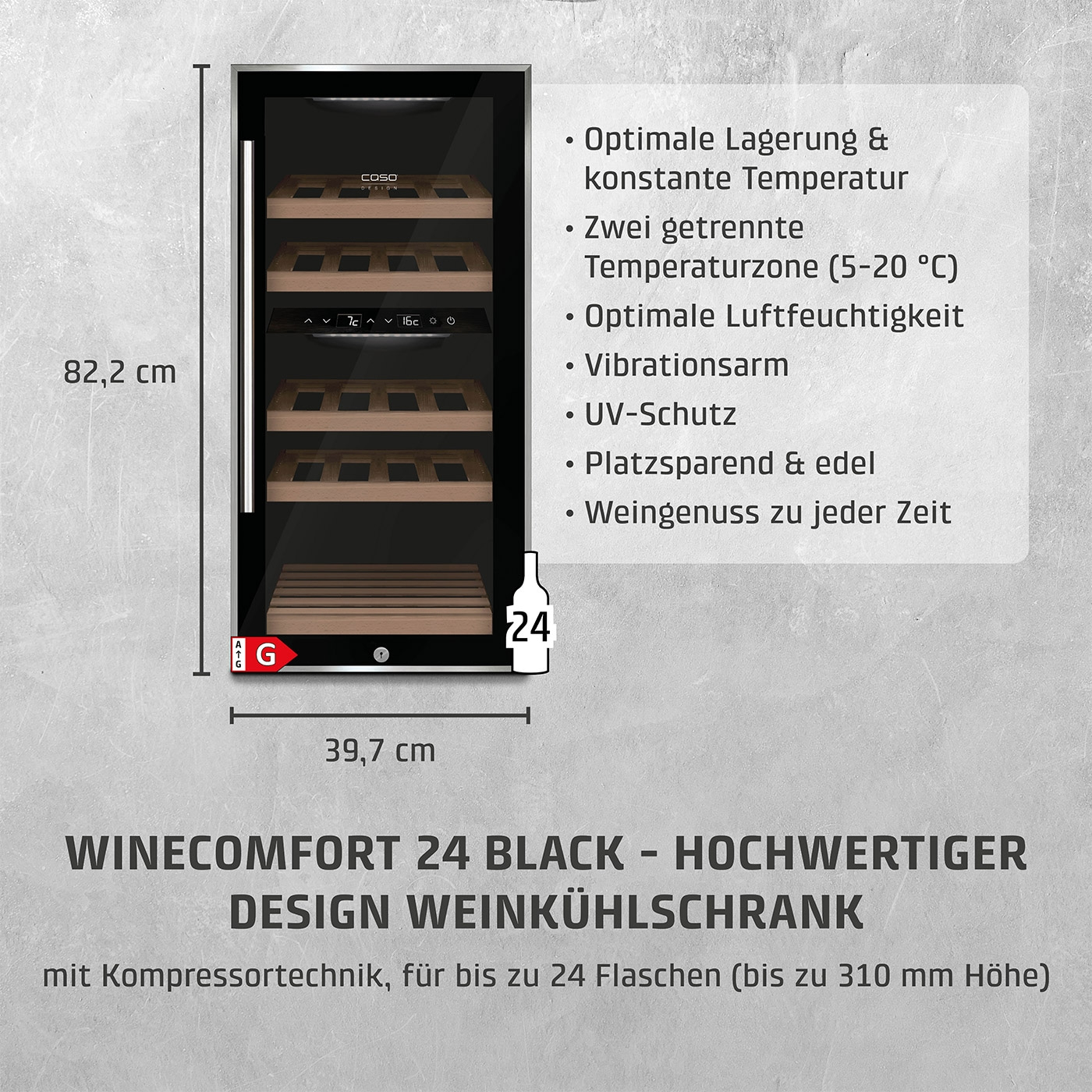 Weinkühlschrank mit Eigenschaften wie Temperaturzonen, UV-Schutz und Platzsparend.
