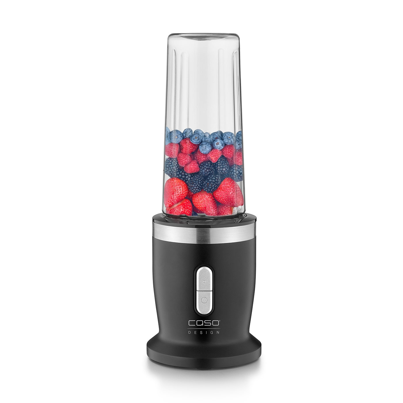 Schwarzer Mixer mit Beeren, Caso Design, Glasbehälter, Fruchtzubereitung, Küche