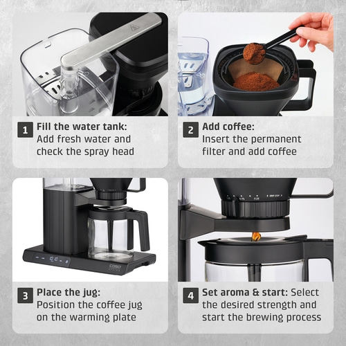Instructions for preparing coffee with a coffee machine in four steps.