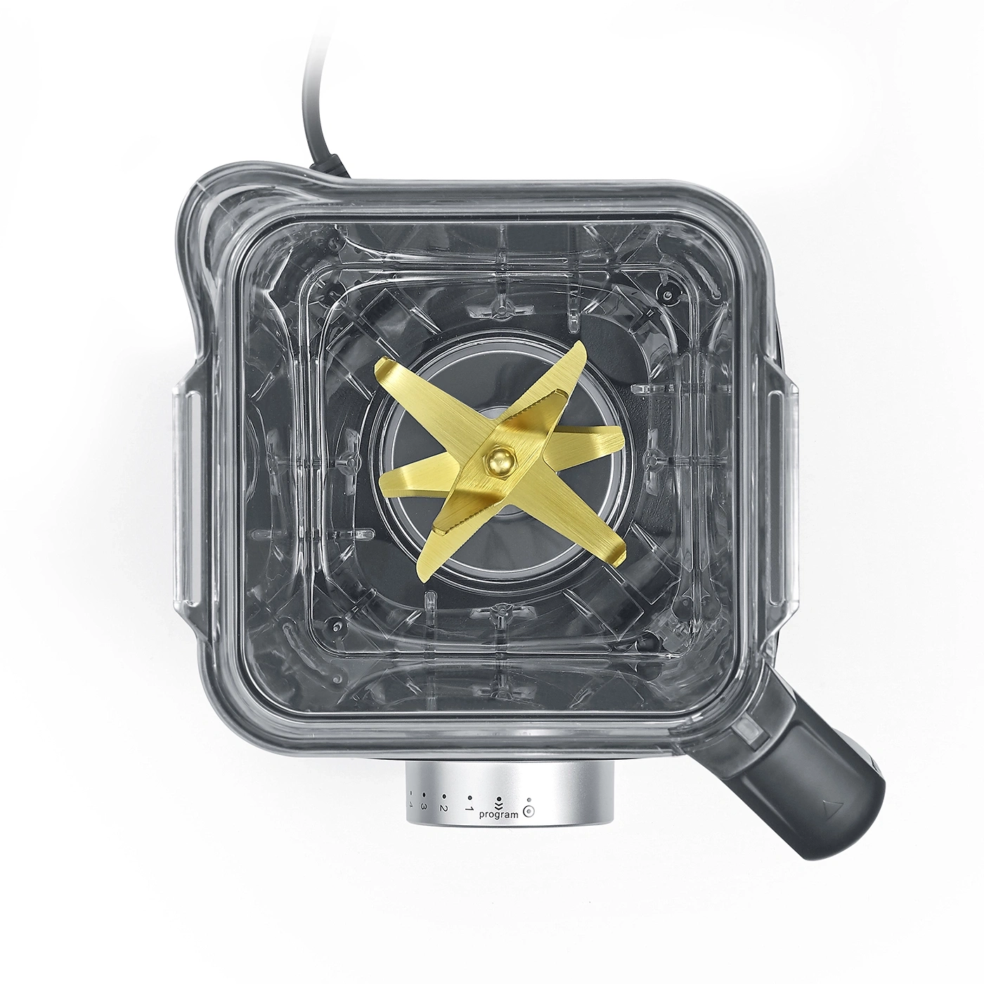 Overhead view of a transparent blender with golden blades and program selection.
