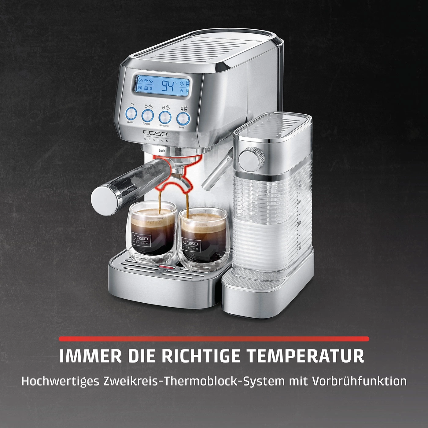Espressomaschine mit Temperaturanzeige und zwei Tassen Kaffee, COSO Design.