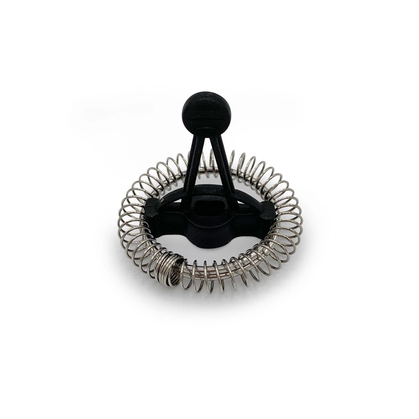 Black milk frother with spiral on white background