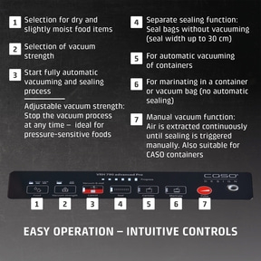 Vacuum sealer with features: dry, vacuum strength, automatic, sealing, containers, marinating, manual.