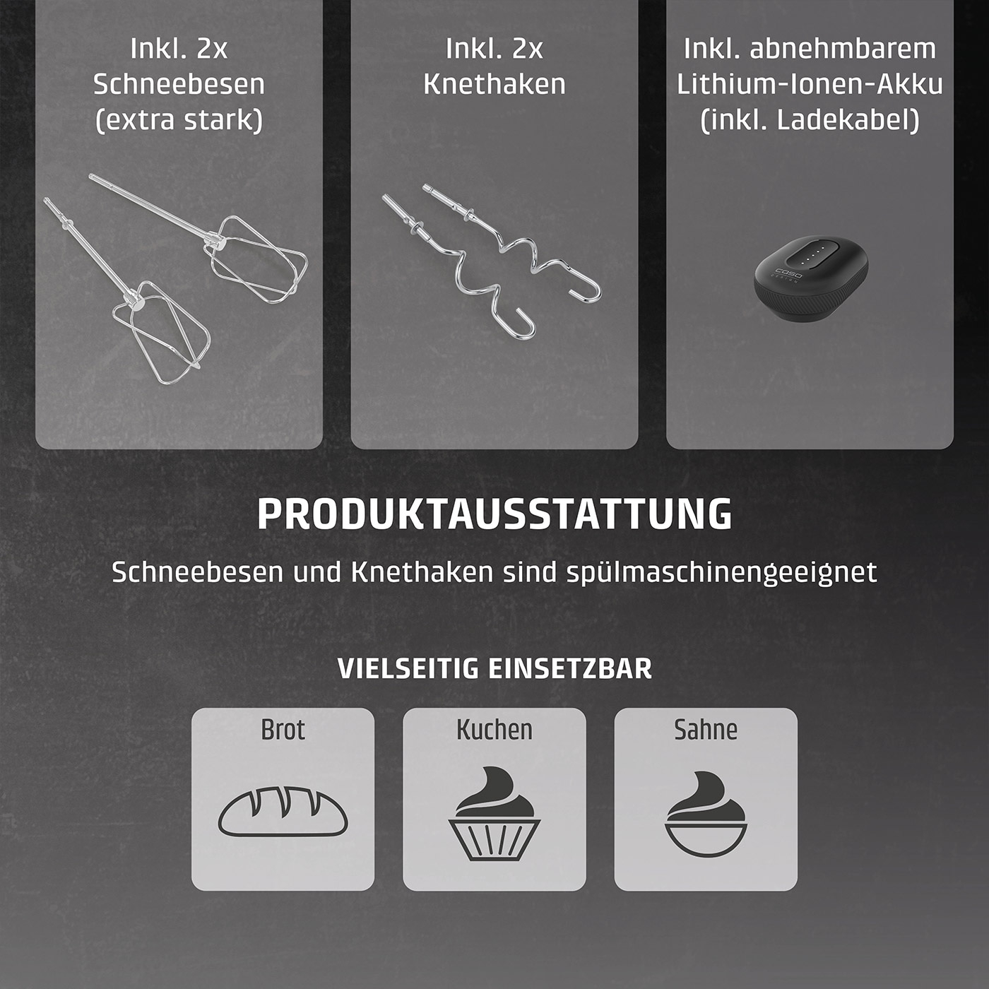 Handrührgerät mit Zubehör: Schneebesen, Knethaken, Akku, Brot, Kuchen, Sahne.