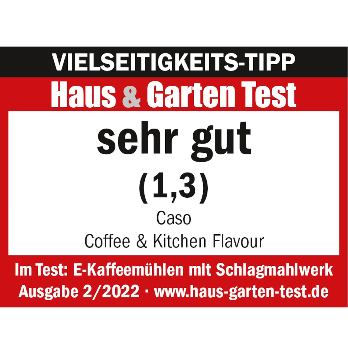 Haus & Garten Test, sehr gut (1,3), Caso, Coffee & Kitchen Flavour, E-Kaffeemühlen