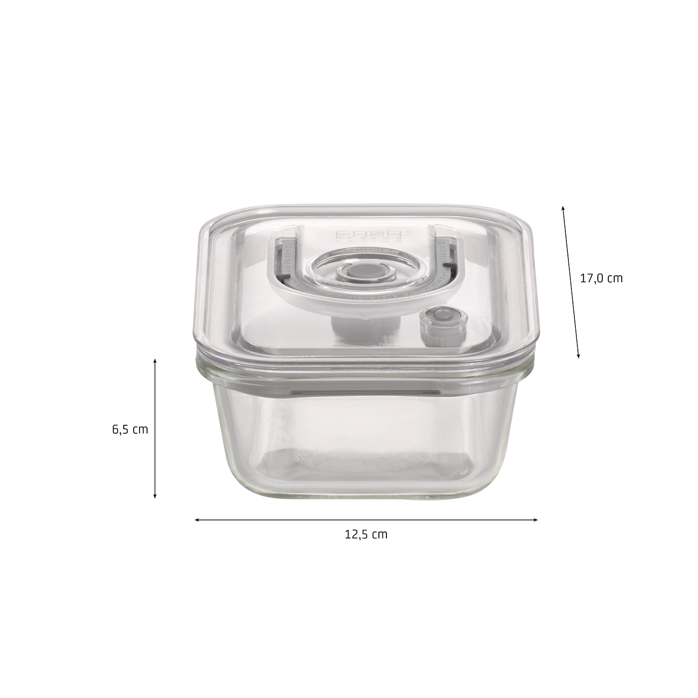 Glass container with lid, dimensions: 17.0 cm x 12.5 cm x 6.5 cm